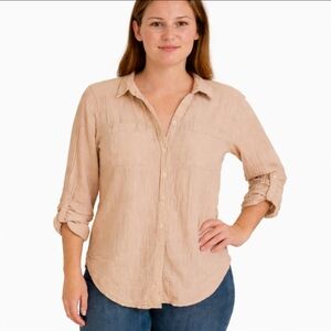 Sim & Sam Pink Cropped Gauzy Type Material Blouse Roll Tab Sleeves Sz XL